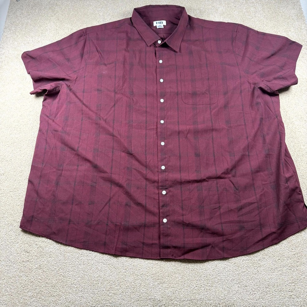 HB Shirt Mens 4XL Maroon Black Plaid Round Hem Short Sleeve Casual Button Up